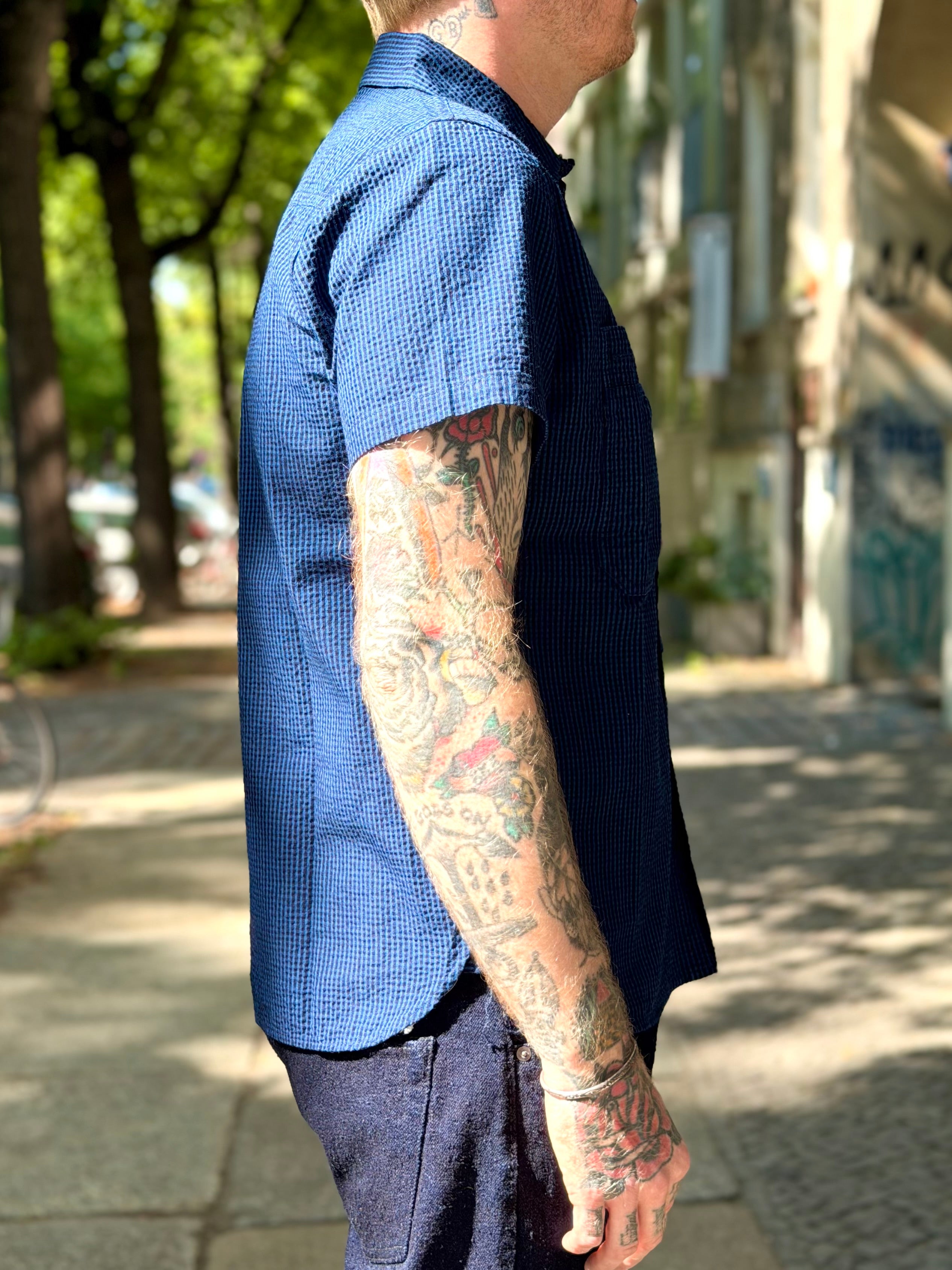 SS-2244-2 - Seersucker Dark x Light Indigo Check Shortsleeve Shirt