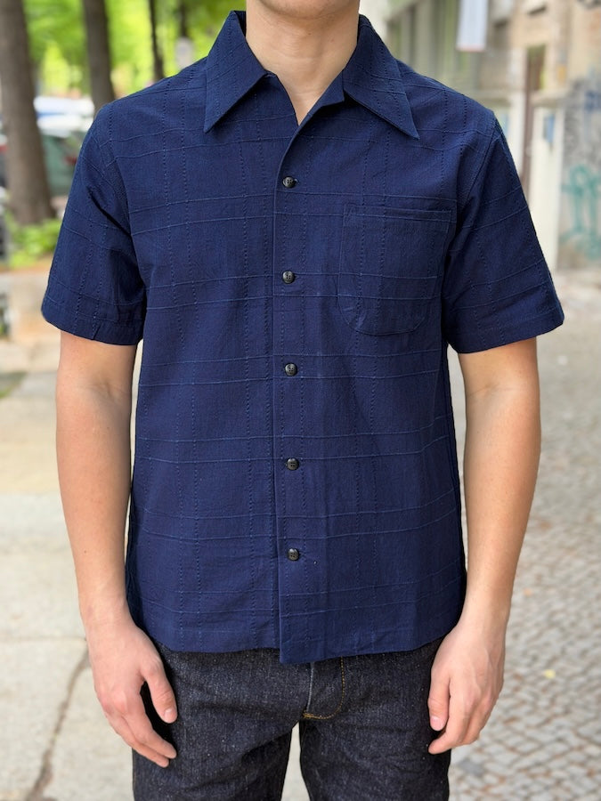 SOS26-ARS - Indigo Sashiko Lattice Open Collar Shirt