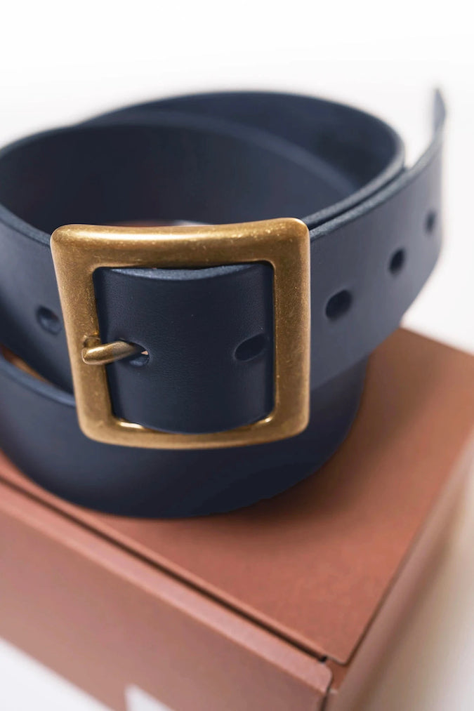 BIG JOHN VBLT03 - 4ミリ厚 姫路レザー Handmade Brass Buckle - HIMEJI LEATHER ORIGINAL BELT - Indigo