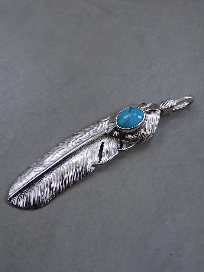 P-358R- Feather Pendant with Heartfeather with Turquoise - Large - Right