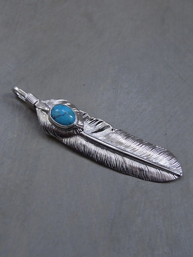 P-358R- Feather Pendant with Heartfeather with Turquoise - Large - Right