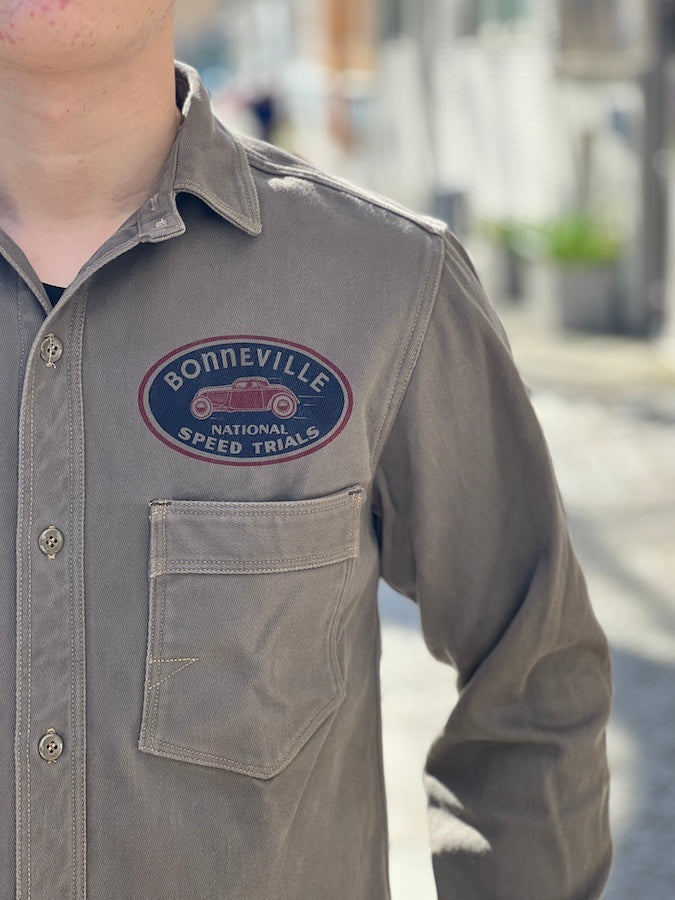 " BONNEVILLE OFFICIAL FUELING STATION " Gemsa WORK SHIRT - 1930s STYLE WORK SHIRT