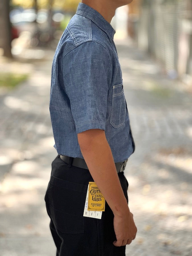 "HEAD MAN" - UNION SPECIAL OVERALLS - "Vintage Style Indigo Chambray" CUT-SLEEVE SHIRT