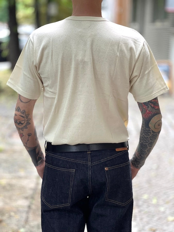 Vintage Style Medium Weight Jersey "40s POWER WEAR PRINTED LABEL" - Pocket T-Shirt - Straw Cream