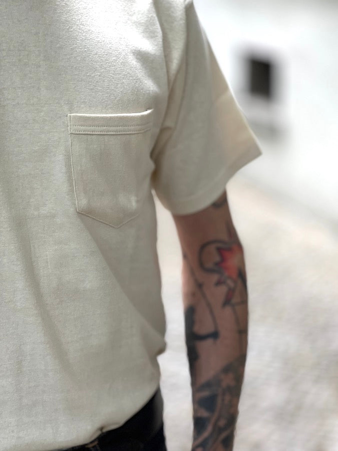 Vintage Style Medium Weight Jersey "40s POWER WEAR PRINTED LABEL" - Pocket T-Shirt - Straw Cream