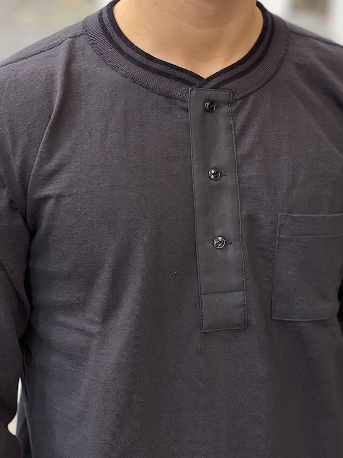 GLAD HAND & Co. - ROYAL CLASS - R-08 - Henry Pocket Long Sleeve T-Shirt - Loopwheeled - 100% U.S.A. Cotton - Black