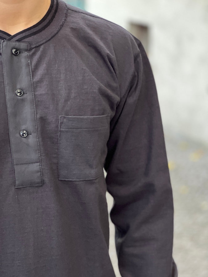 GLAD HAND & Co. - ROYAL CLASS - R-08 - Henry Pocket Long Sleeve T-Shirt - Loopwheeled - 100% U.S.A. Cotton - Black