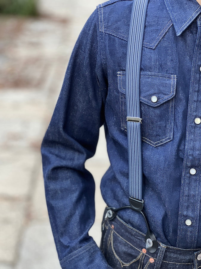 GLAD HAND & Co. - Suspender with embossed leather patch and loops - Navy