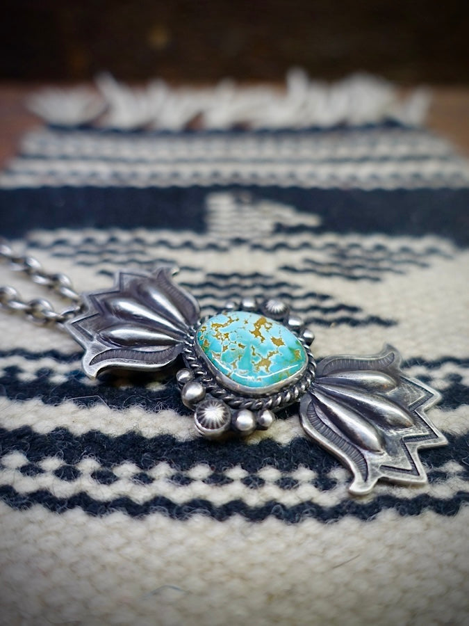 HOZHO - Cactus - Old Garden - Silver Pendant with large New Lander Turquoise