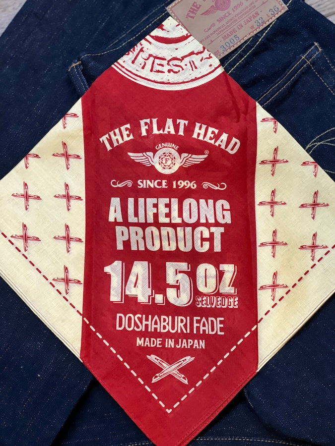 ** NEW ** THE FLAT HEAD - FN-3009 - DOSHABURI FADE Bandana - Regular Tapered - 14.5oz Selvedge Denim - U.S. Texas Cotton - One Washed