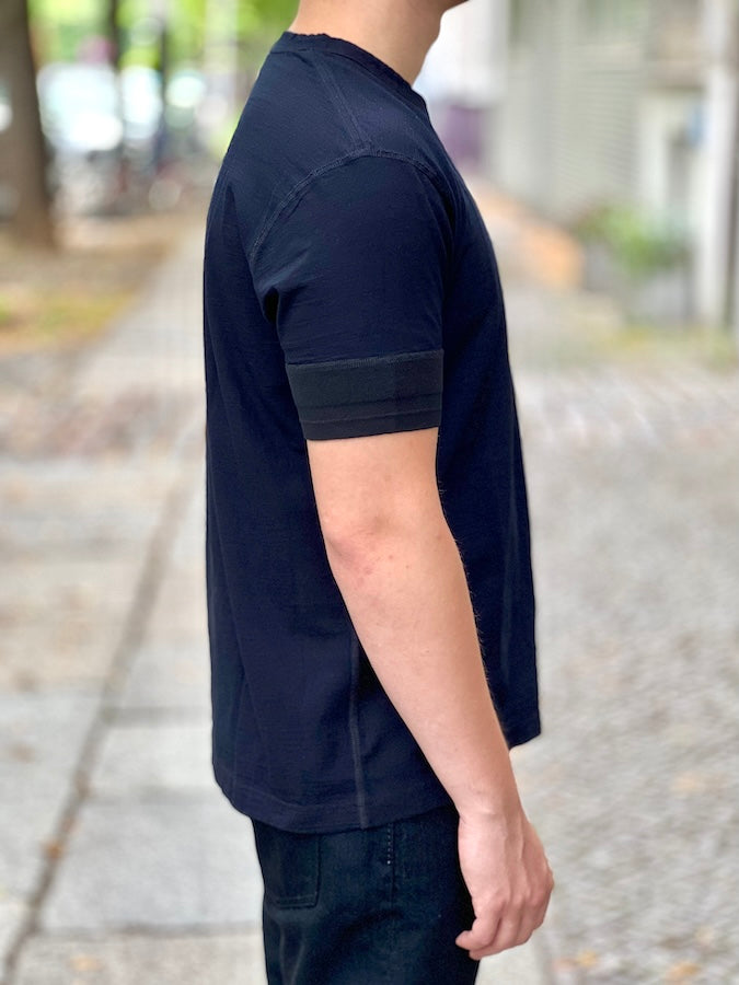 Pure Blue Japan - SS-5396-IDBK - Ribbed Cuff Henley Neck T-Shirt - Indigo Black