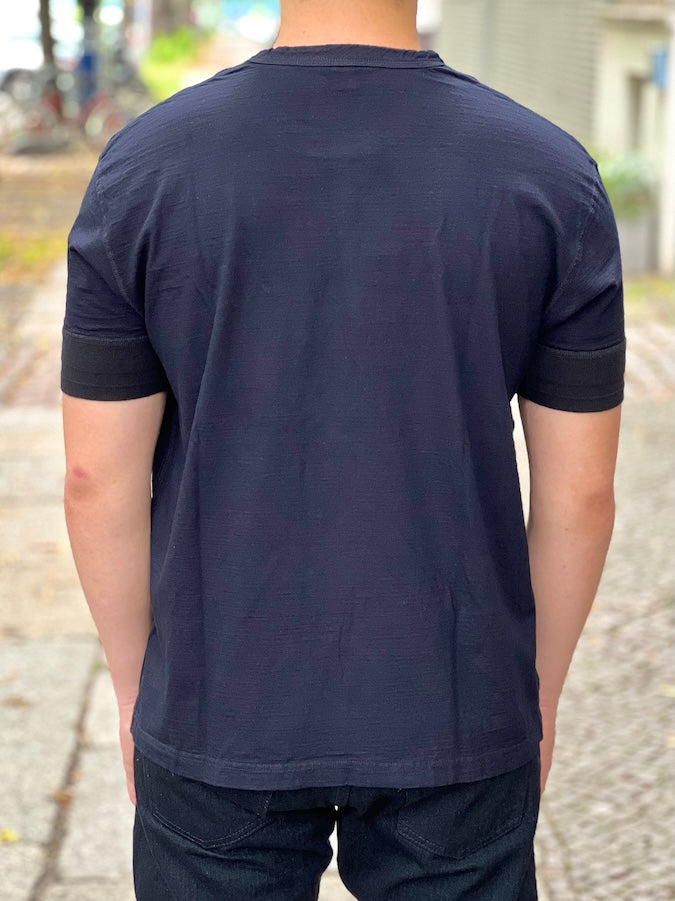 Pure Blue Japan - SS-5396-IDBK - Ribbed Cuff Henley Neck T-Shirt - Indigo Black