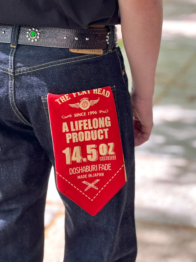 THE FLAT HEAD - FN-D111 - DOSHABURI FADE Bandana - Wide Straight - 14.5oz Selvedge Denim - 100% Zimbabwe Cotton - One Washed