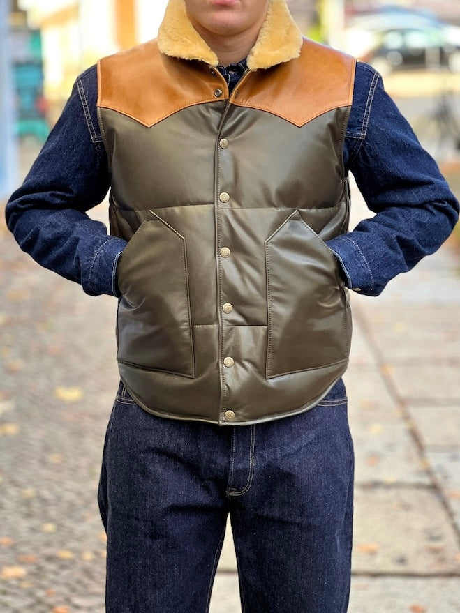 Y'2 LEATHER - OIL SOFT HORSE & MOUTON DOWN VEST - OV-01-M - OLIVE×CAMEL×YELLOW