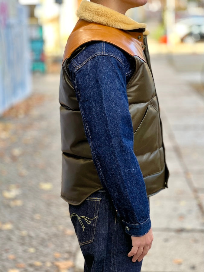 Y'2 LEATHER - OIL SOFT HORSE & MOUTON DOWN VEST - OV-01-M - OLIVE×CAMEL×YELLOW