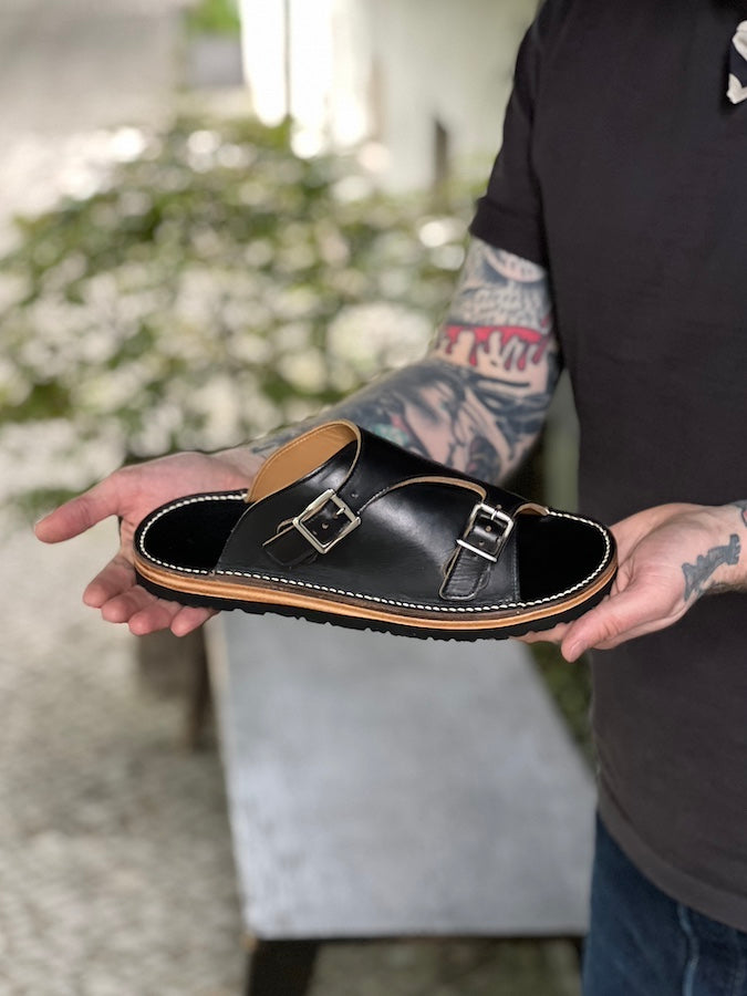 WM-1 Double Monk Sandals - Black Teacore HORWEEN CHROMEXCEL Leather
