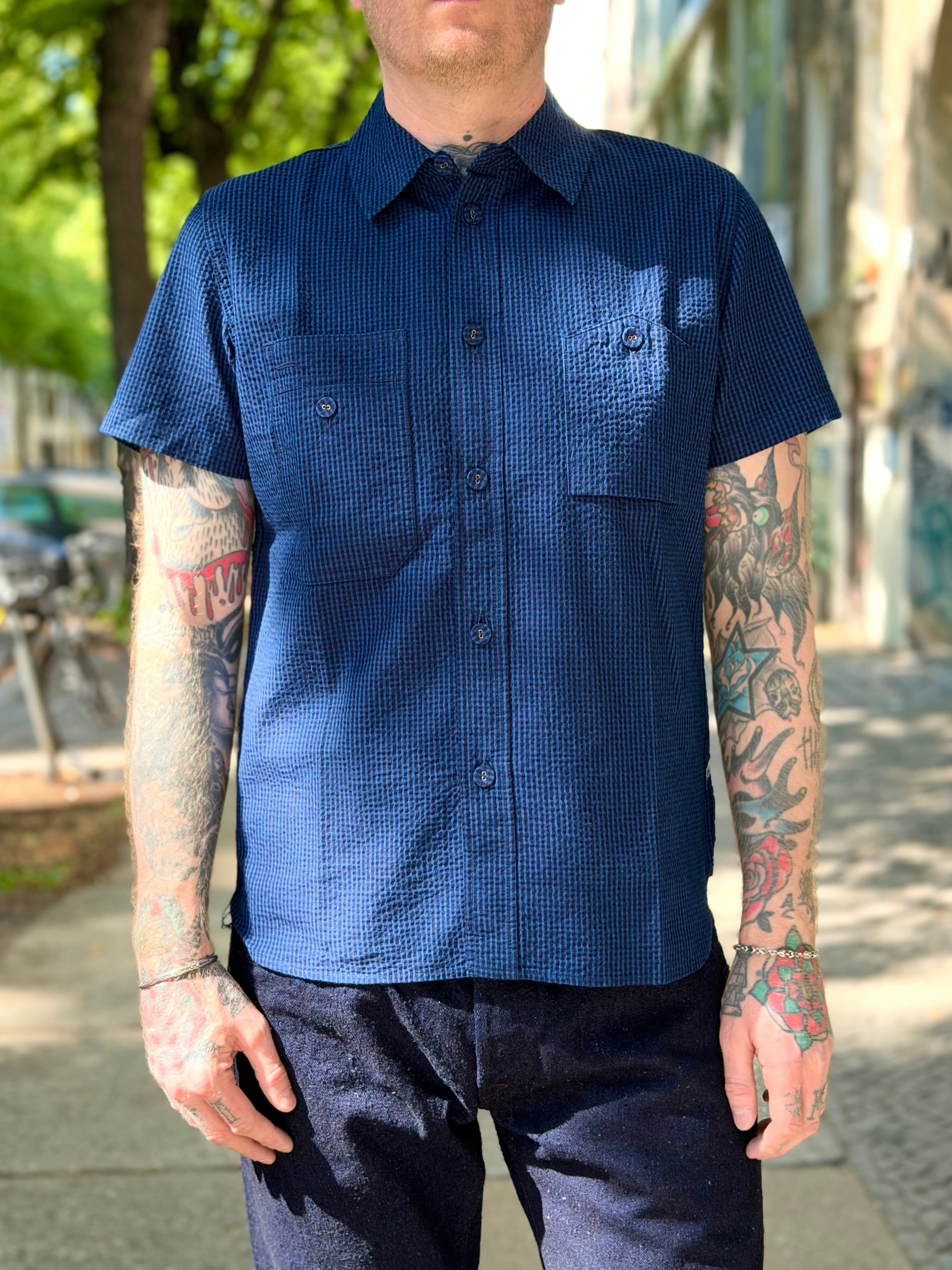 SS-2244-2 - Seersucker Dark x Light Indigo Check Shortsleeve Shirt
