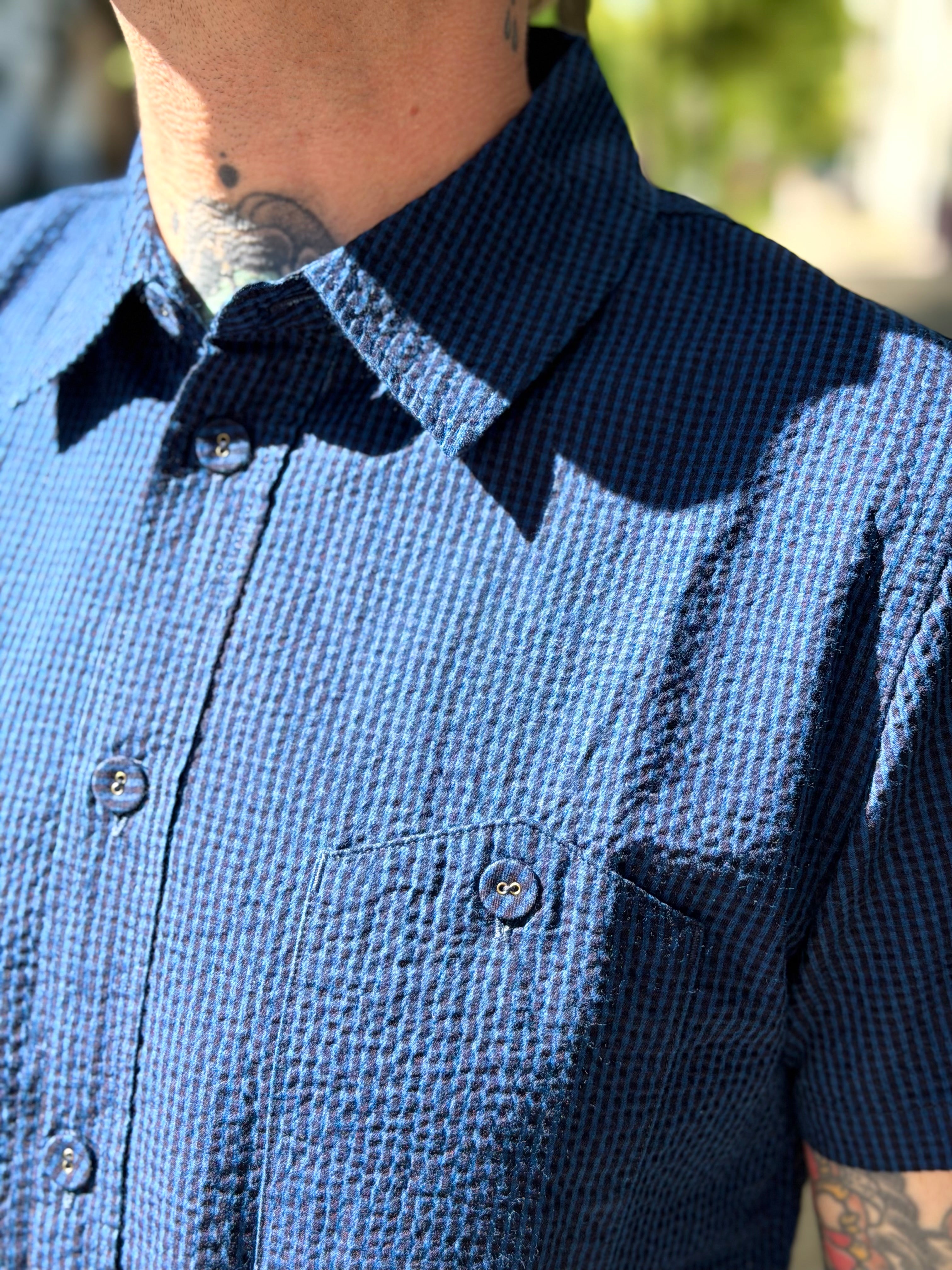 SS-2244-2 - Seersucker Dark x Light Indigo Check Shortsleeve Shirt