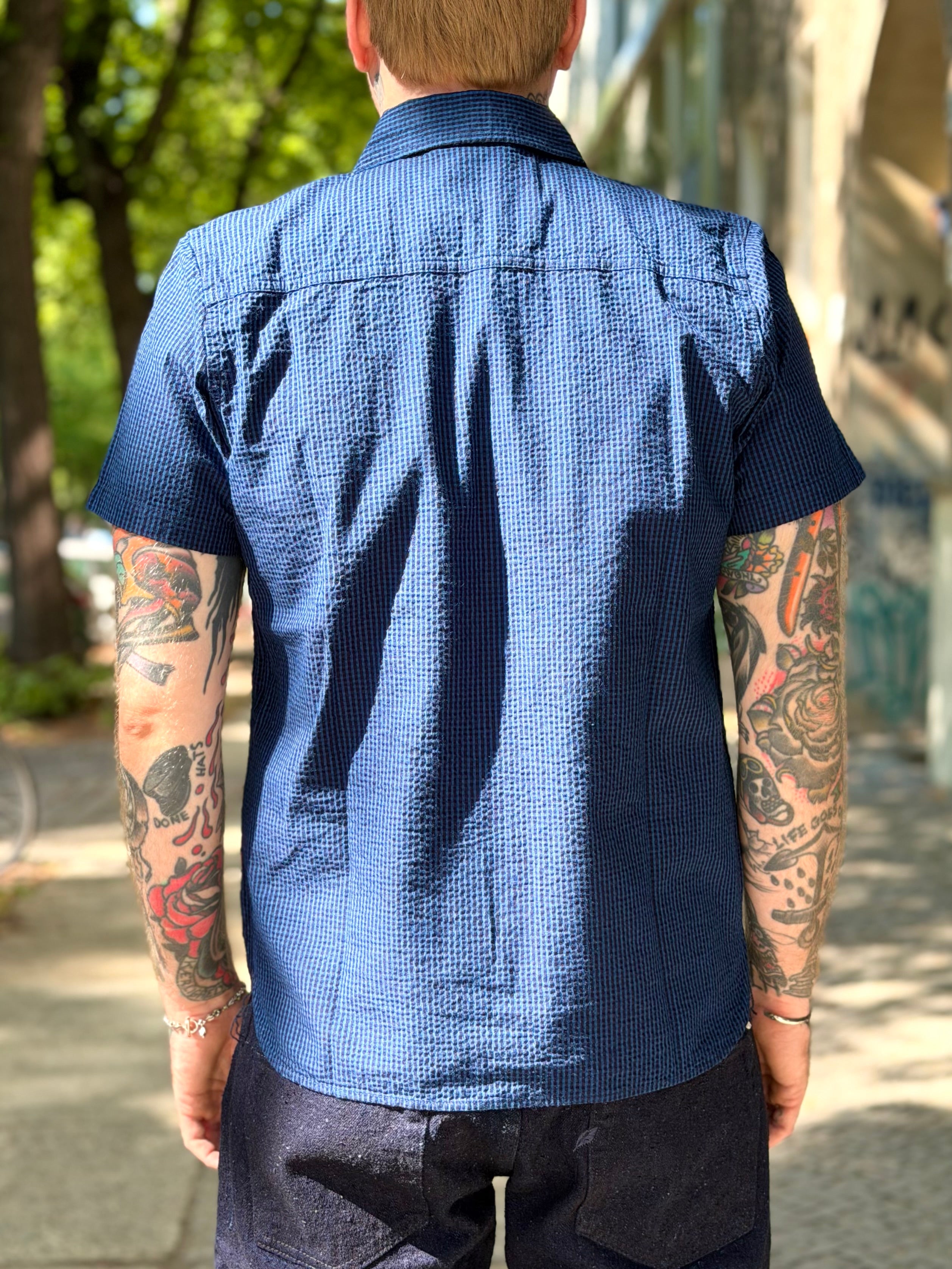 SS-2244-2 - Seersucker Dark x Light Indigo Check Shortsleeve Shirt