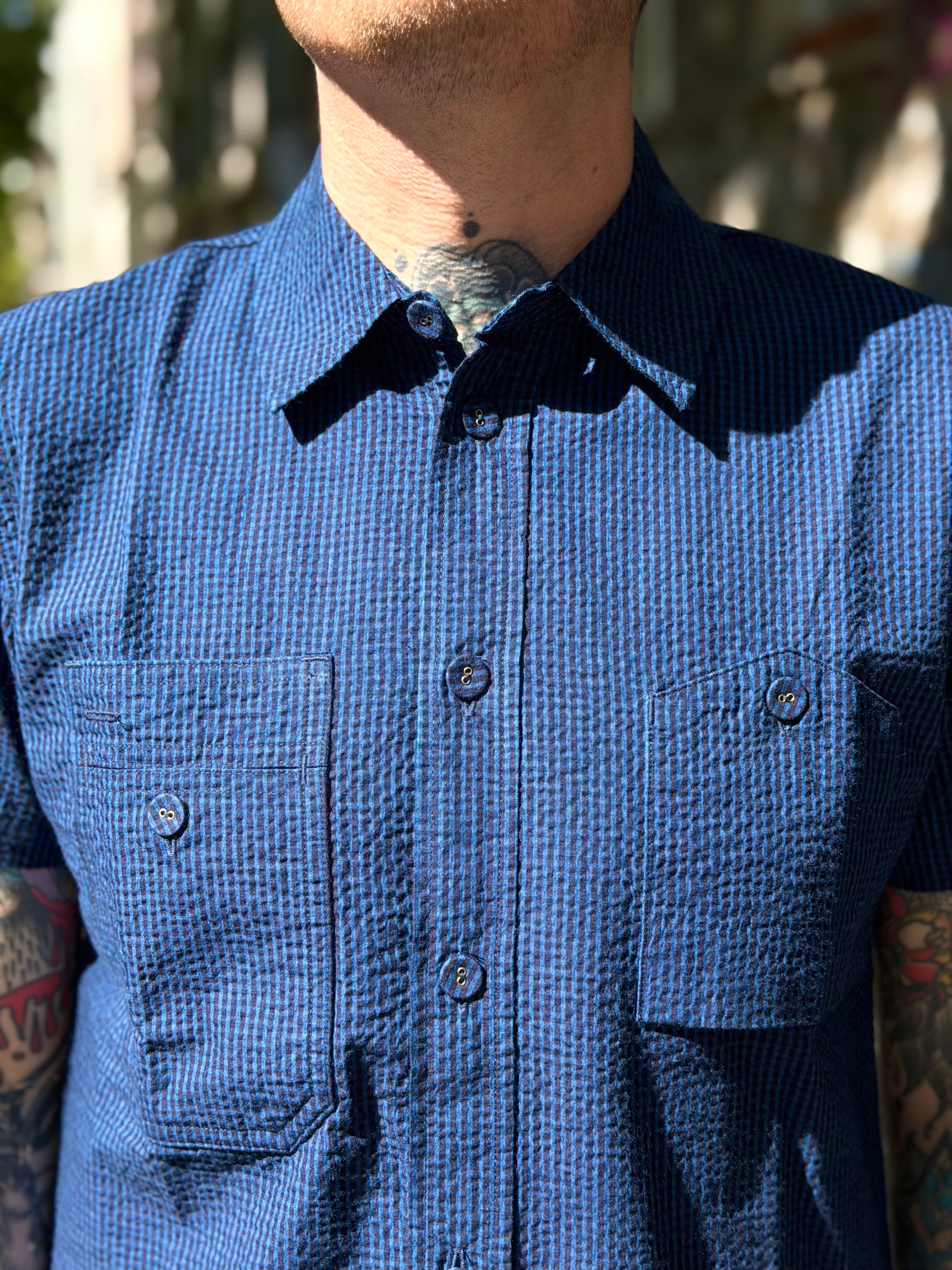 SS-2244-2 - Seersucker Dark x Light Indigo Check Shortsleeve Shirt