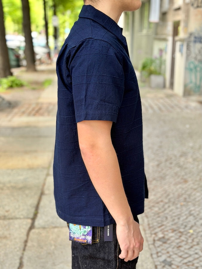 SOS26-ARS - Indigo Sashiko Lattice Open Collar Shirt