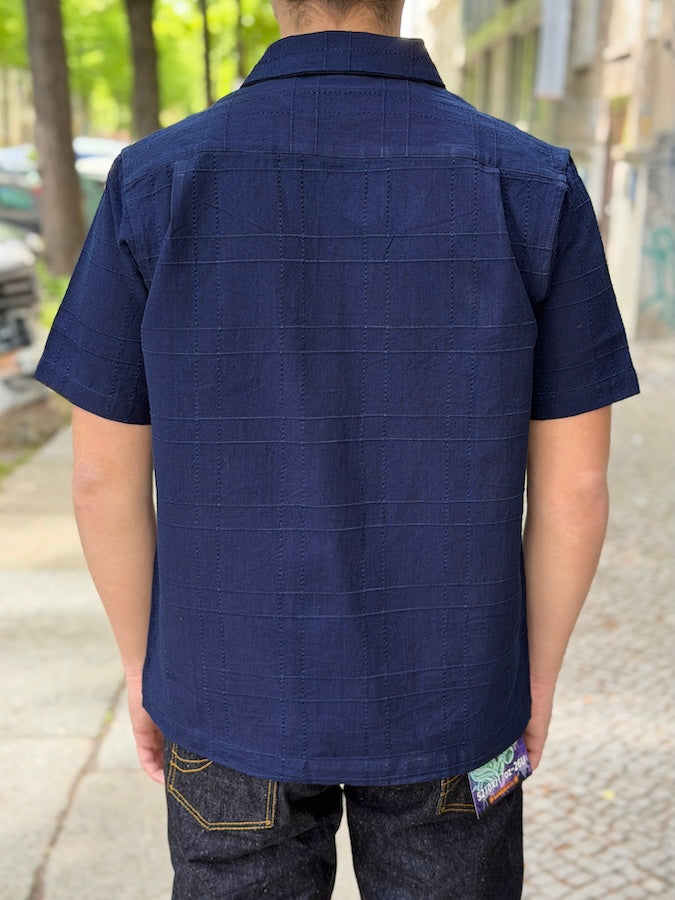 SOS26-ARS - Indigo Sashiko Lattice Open Collar Shirt