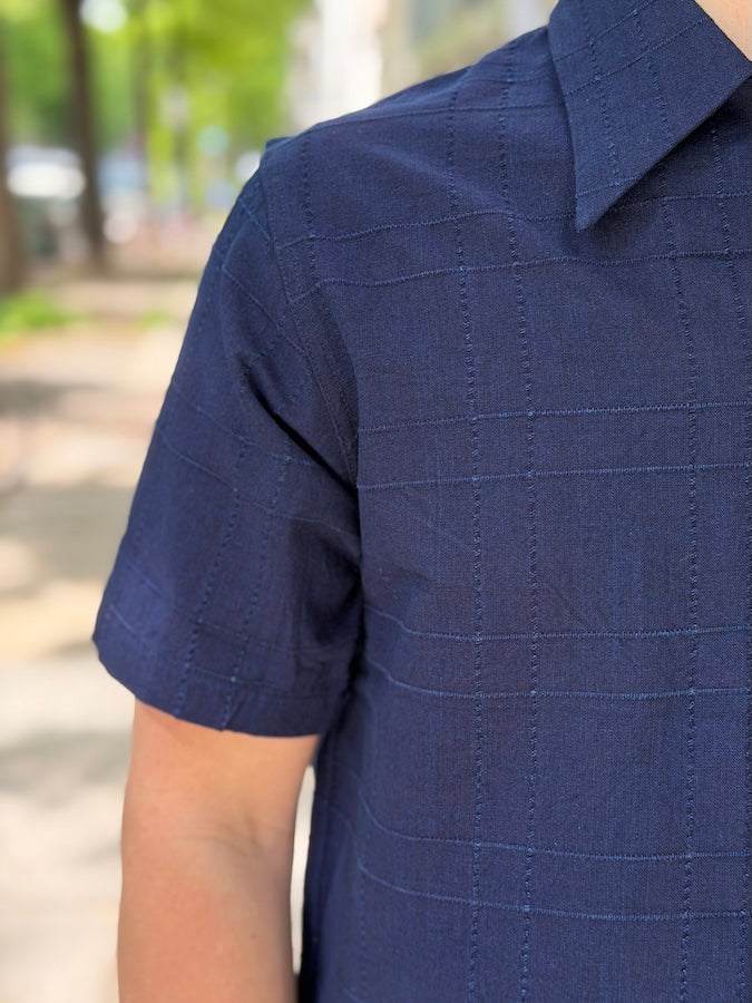 SOS26-ARS - Indigo Sashiko Lattice Open Collar Shirt