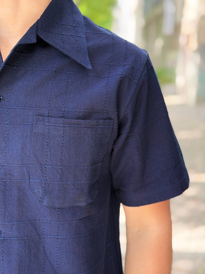 SOS26-ARS - Indigo Sashiko Lattice Open Collar Shirt