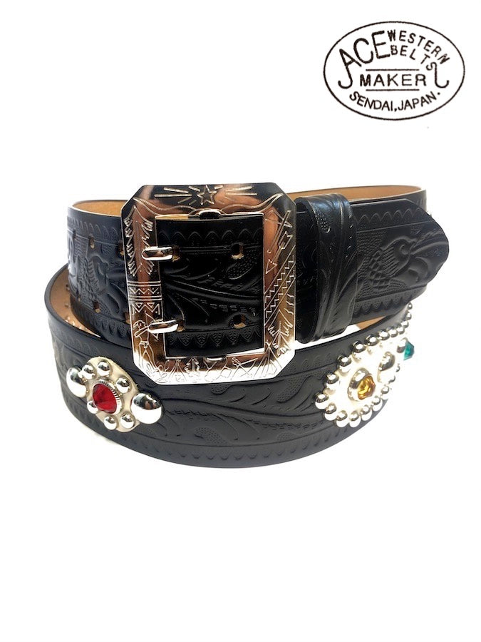 ACE WESTERN BELTS ★ Style No.180H with 50's Jewels ★ Handmade Vintage Reproduction Studded Jeweled Cowboy Western Belt - Black