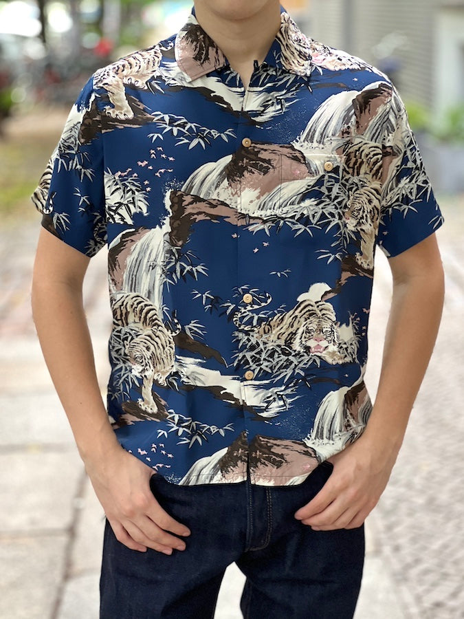 DELUXEWARE - AL-14S [DOUBLE TIGER] - HAWAII SHIRT - 100% RAYON hand-printed by Japanese artisans in 16 colors - NAVY
