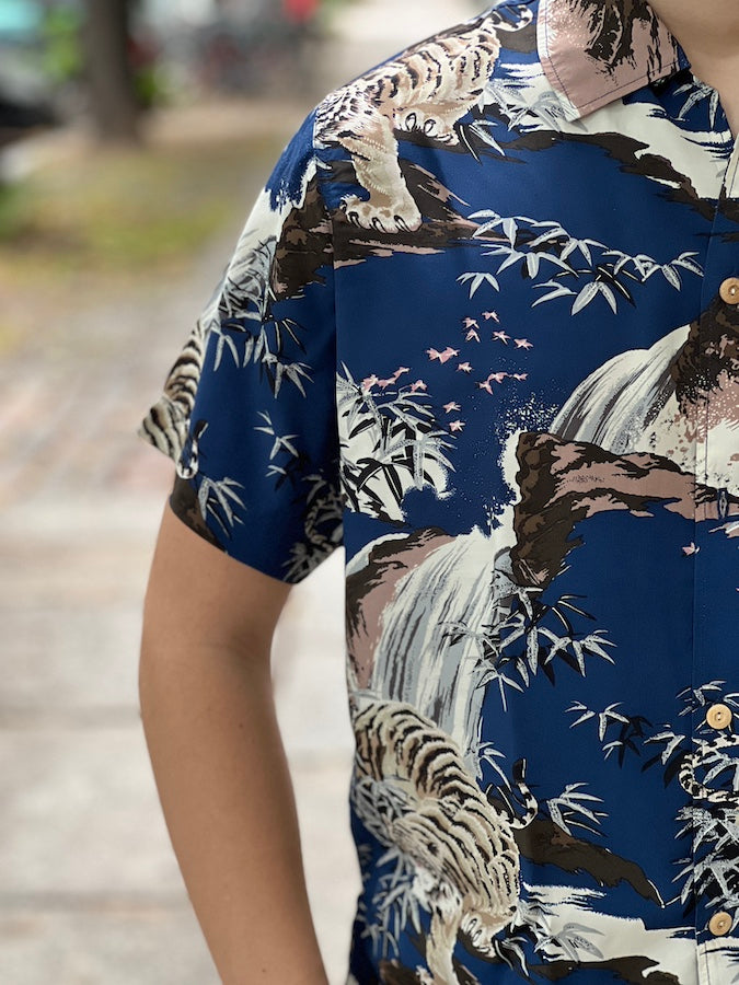 DELUXEWARE - AL-14S [DOUBLE TIGER] - HAWAII SHIRT - 100% RAYON hand-printed by Japanese artisans in 16 colors - NAVY