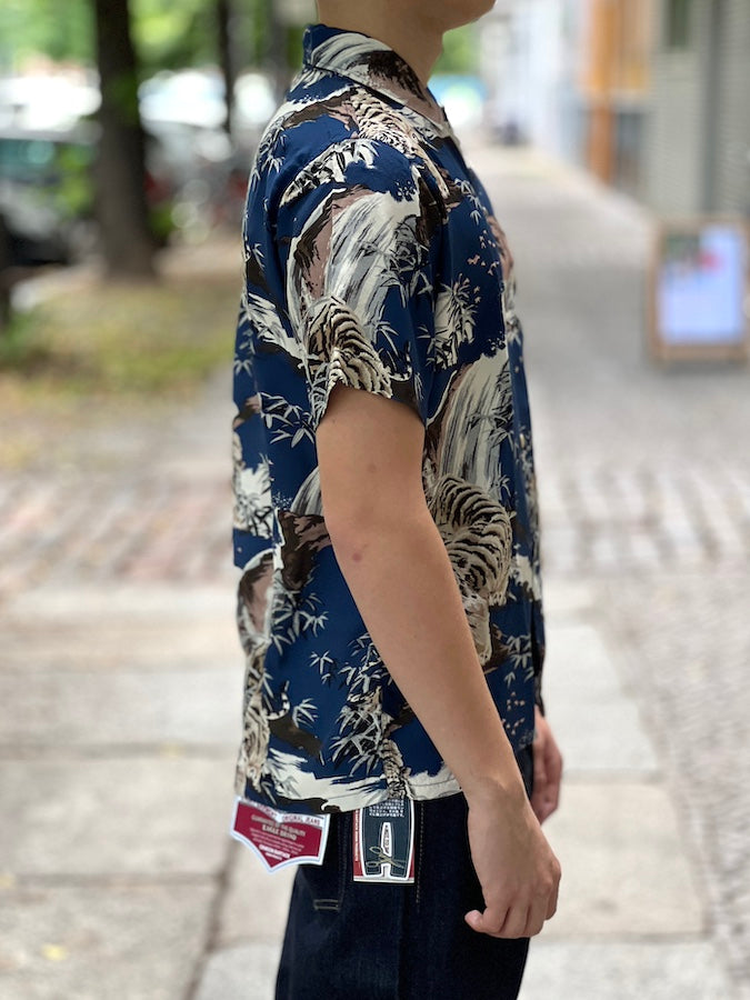 DELUXEWARE - AL-14S [DOUBLE TIGER] - HAWAII SHIRT - 100% RAYON hand-printed by Japanese artisans in 16 colors - NAVY