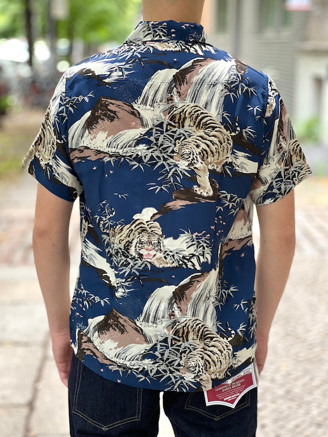 DELUXEWARE - AL-14S [DOUBLE TIGER] - HAWAII SHIRT - 100% RAYON hand-printed by Japanese artisans in 16 colors - NAVY