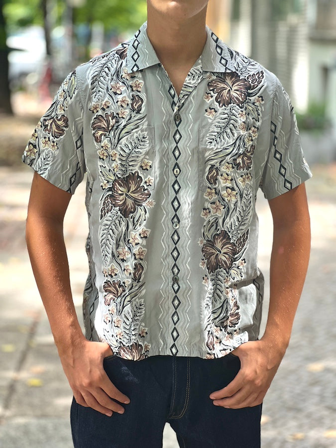 DELUXEWARE - AL-15S [RHOMBUS FLOWER] - HAWAII SHIRT - 100% RAYON hand-printed by Japanese artisans in 7 colors - GREY GREEN