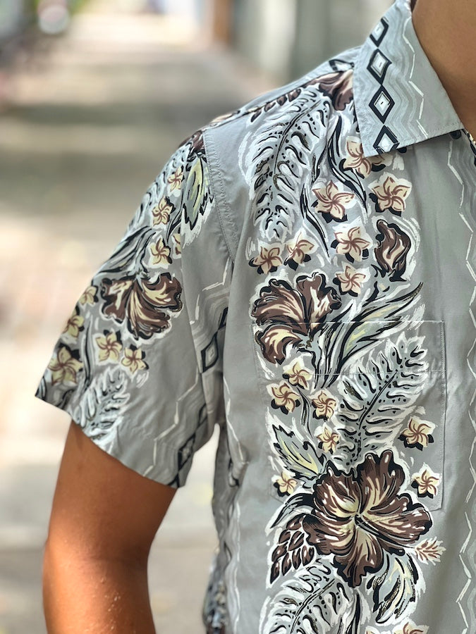 DELUXEWARE - AL-15S [RHOMBUS FLOWER] - HAWAII SHIRT - 100% RAYON hand-printed by Japanese artisans in 7 colors - GREY GREEN