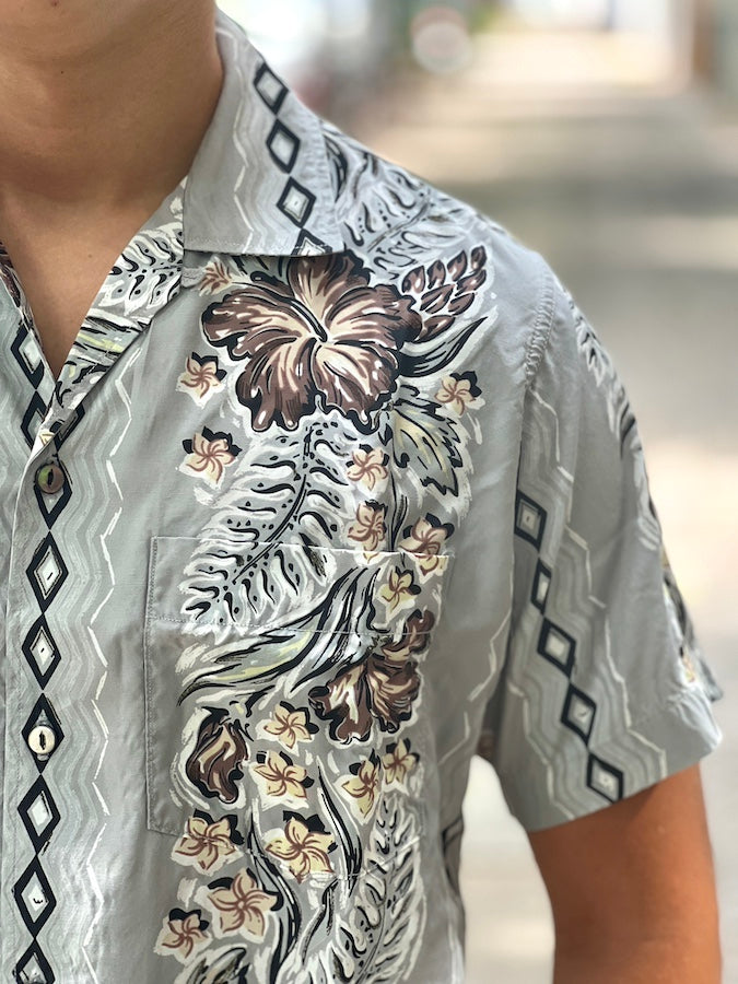 DELUXEWARE - AL-15S [RHOMBUS FLOWER] - HAWAII SHIRT - 100% RAYON hand-printed by Japanese artisans in 7 colors - GREY GREEN