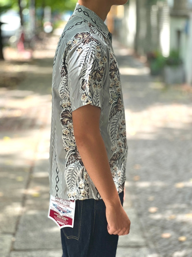 DELUXEWARE - AL-15S [RHOMBUS FLOWER] - HAWAII SHIRT - 100% RAYON hand-printed by Japanese artisans in 7 colors - GREY GREEN