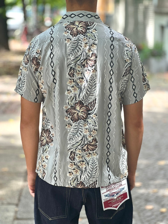DELUXEWARE - AL-15S [RHOMBUS FLOWER] - HAWAII SHIRT - 100% RAYON hand-printed by Japanese artisans in 7 colors - GREY GREEN