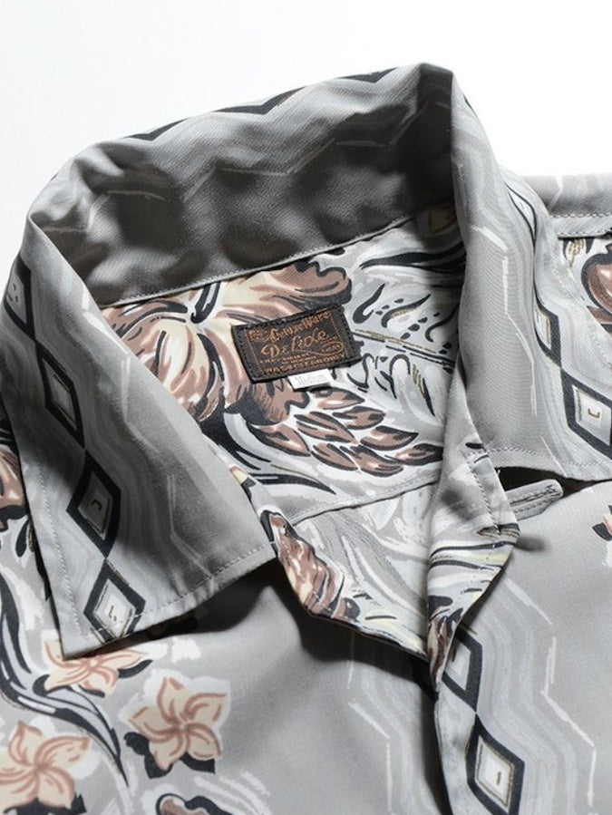 DELUXEWARE - AL-15S [RHOMBUS FLOWER] - HAWAII SHIRT - 100% RAYON hand-printed by Japanese artisans in 7 colors - GREY GREEN