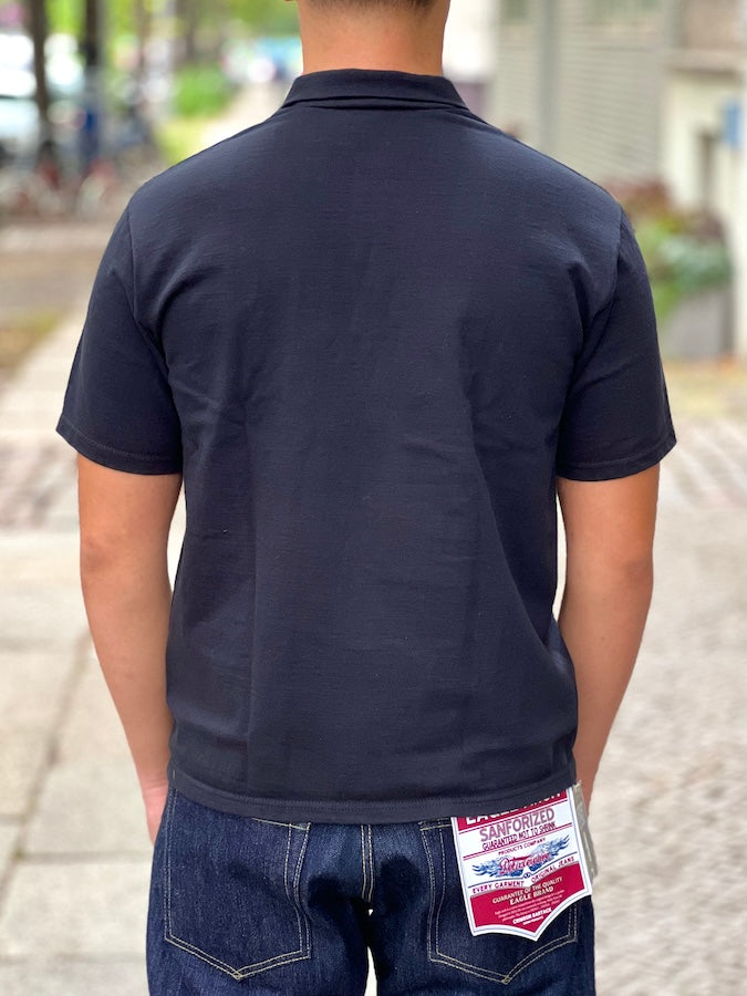DELUXEWARE - OCTS-00 [OPEN COLLAR T-SHIRT] - 12.5oz Heavyweight Loopwheeled Polo Shirt - BLACK - The fabric is produced in Wakayama - Sewn on vintage UNION SPECIAL 52800 machines