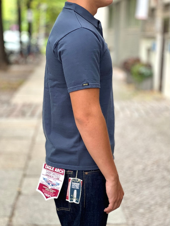 DELUXEWARE - OCTS-00 [OPEN COLLAR T-SHIRT] - 12.5oz Heavyweight Loopwheeled Polo Shirt - NAVY - The fabric is produced in Wakayama - Sewn on vintage UNION SPECIAL 52800 machines