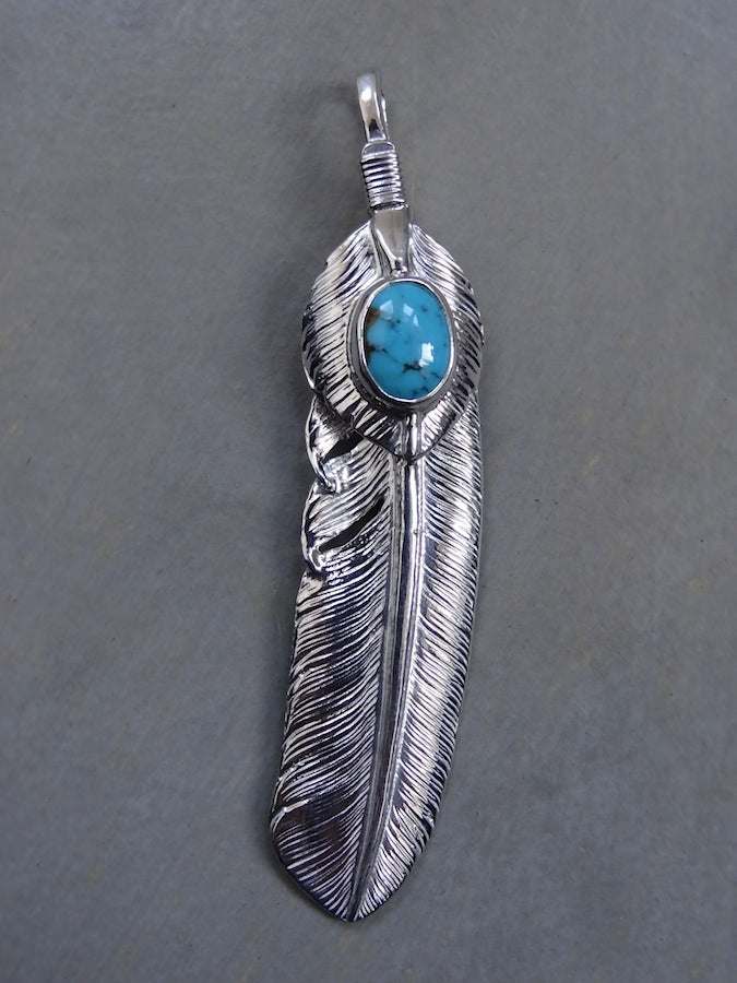 P-358L - Feather Pendant with Heartfeather with Turquoise - Large - Left