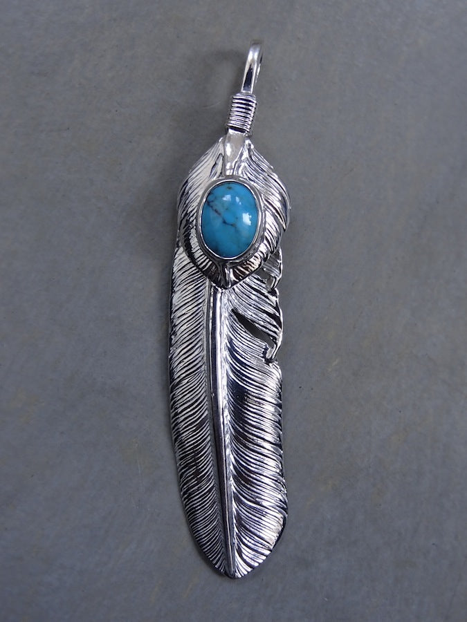 P-358R- Feather Pendant with Heartfeather with Turquoise - Large - Right