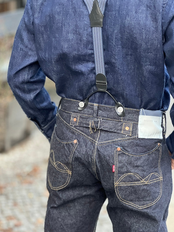 GLAD HAND & Co. - Suspender with embossed leather patch and loops  - Navy