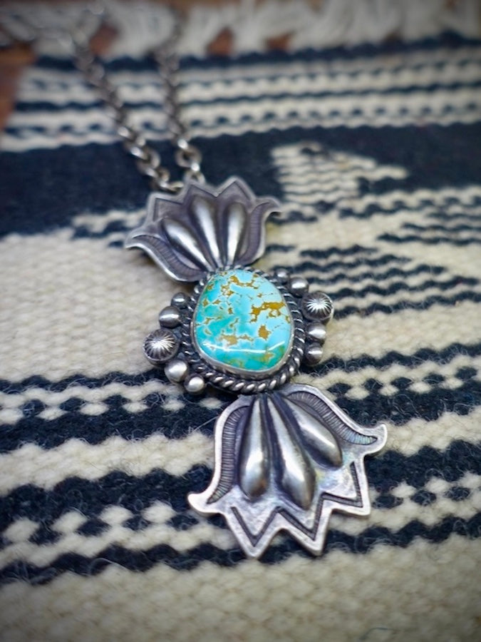 HOZHO - Cactus - Old Garden - Silver Pendant with large New Lander Turquoise