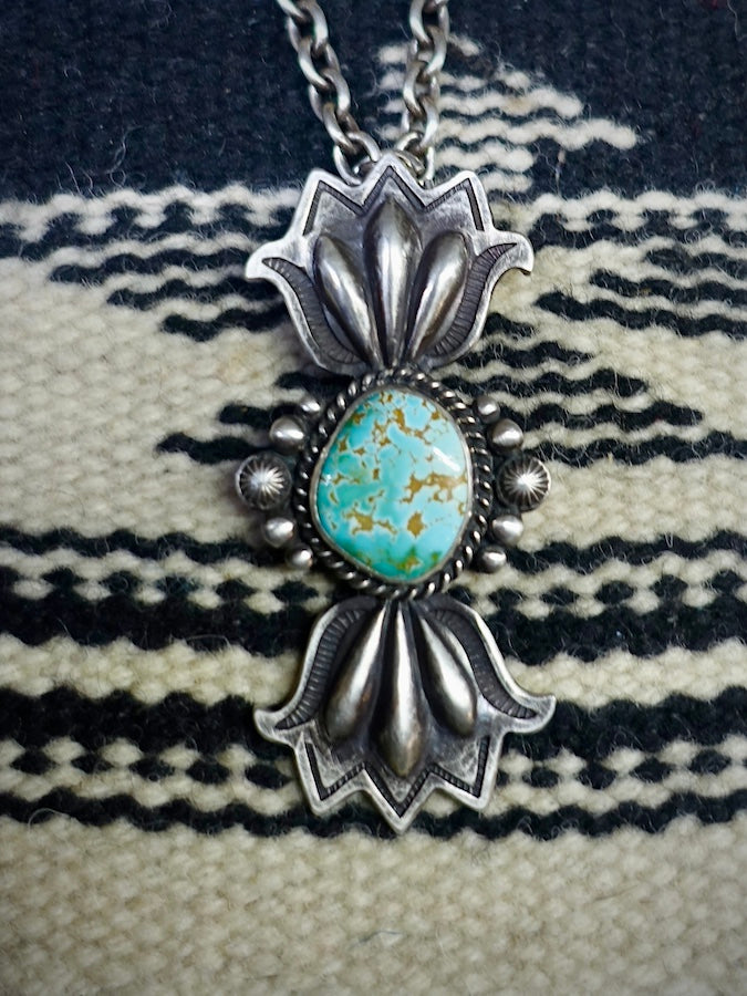 HOZHO - Cactus - Old Garden - Silver Pendant with large New Lander Turquoise