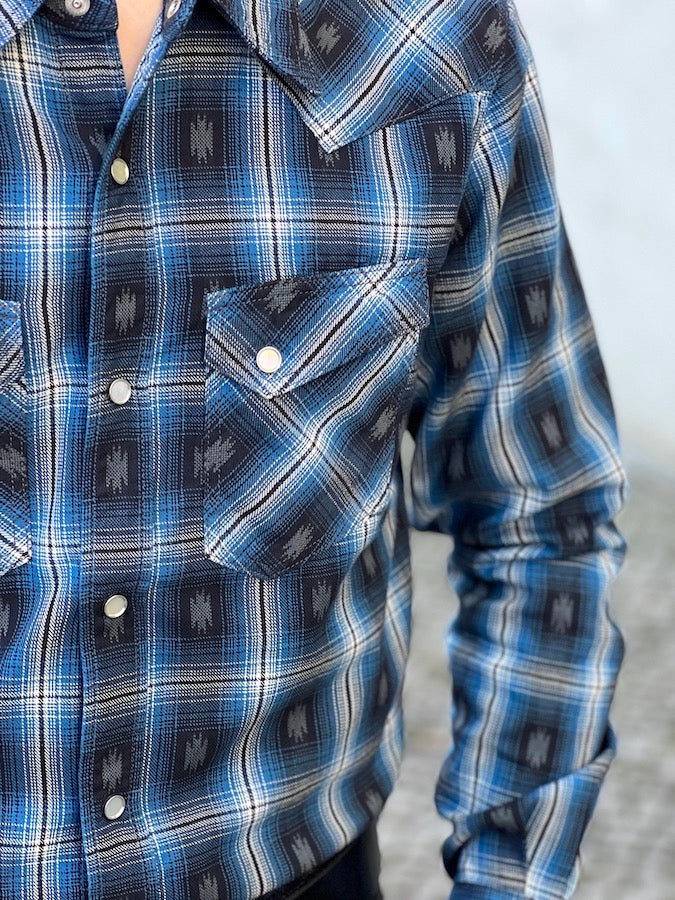 THE FLAT HEAD - Native Check - Western Shirt - Natural Mother of Pearl Snaps - Blue
