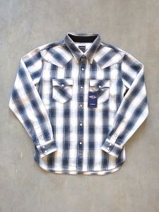 THE FLAT HEAD - Western - Ombre Heavy Flannel Shirt - Ivory/Navy