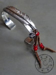 First Arrow`s - Flat Hammered 12mm Bangle with Feather and Beads